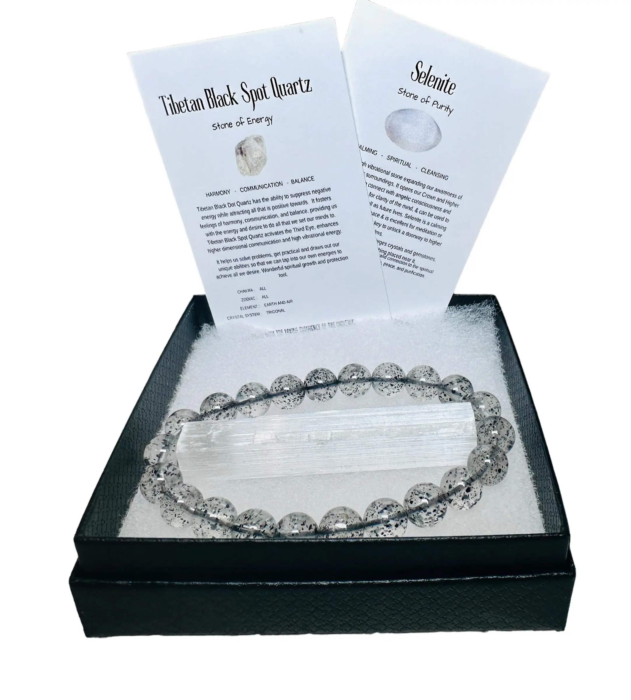 RARE ~ Tibetan Black Spot Clear Quartz 8mm Stretch Bracelet, Metaphysical Healing Properties, Gift Set with Selenite Stone for Cleansing Energies, 7" Bracelet