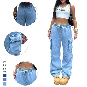 Baggy Cargo Jeans for Women – Drawstring Waist, Streetwear Y2K Wide Leg Denim