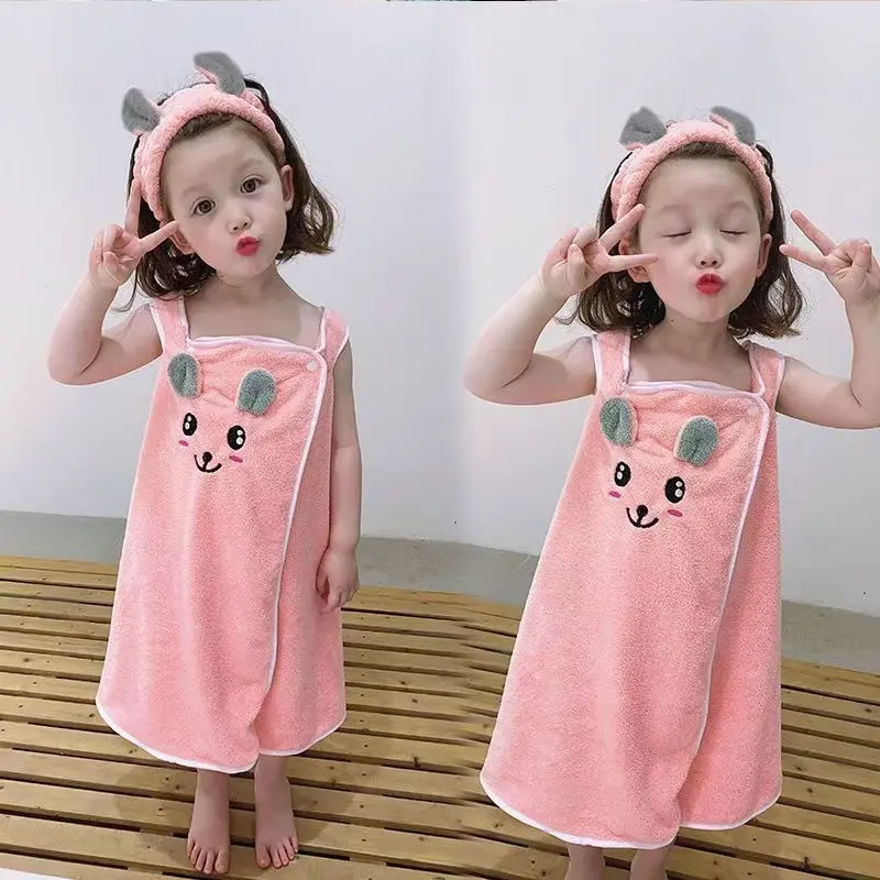 Children Bathrobe Set with Hairband, Girly Soft Absorbent No Shedding, Kids Bath Towel Robe, Comfortable and Durable, Perfect for Daily Use