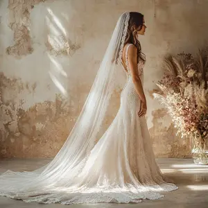 Eye Lash Lace Trim Edge Cathedral Length Wedding Veil VG1005