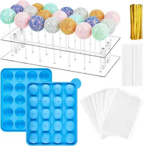Cake Pop Mold Set, Including 21 Hole Clear Acrylic Lollipop Display Stand Holder, 20 Cavity Blue Silicone Cake Pop Mold, Cake Pop Sticks Treats Bags and Twist Ties