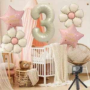 7-piece set of cream colored digital daisies and five-star foil balloons (including ribbons and straws), birthday party decoration set, indoor and outdoor themed parties, celebrations, and studio photography props
