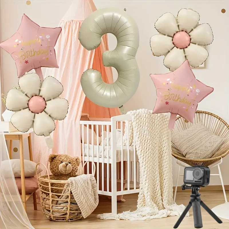 7-piece set of cream colored digital daisies and five-star foil balloons (including ribbons and straws), birthday party decoration set, indoor and outdoor themed parties, celebrations, and studio photography props, Flower Balloons, Daisy Balloons