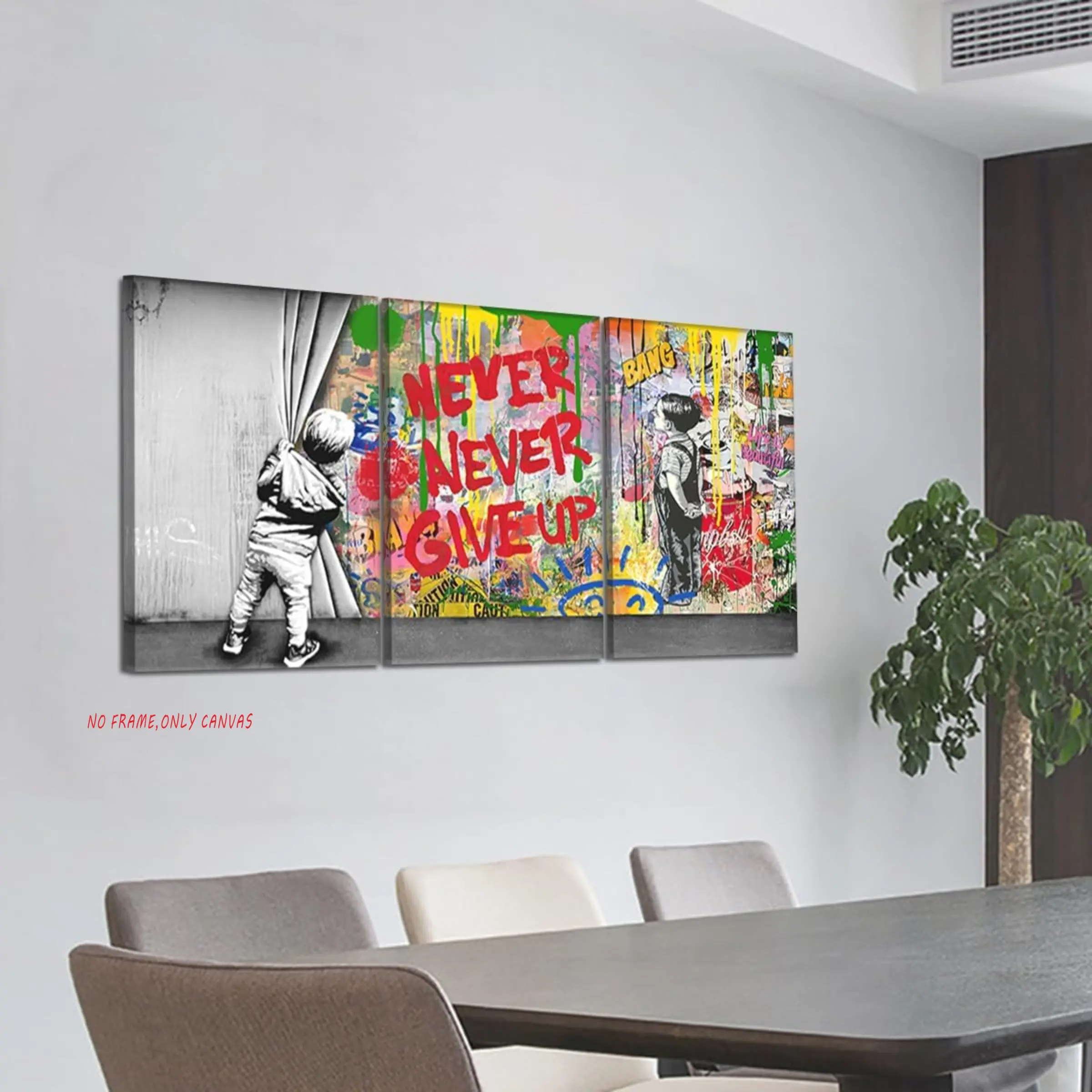 3-Piece Set, Banksy Canvas Wall Art with Inspirational Quote: “Never Give Up” Graffiti Street Art, Suitable for Modern Wall Decor in Living Rooms, Bedrooms, or Offices, Frameless, Modern Home Decor