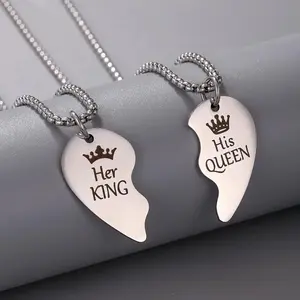 2pcs Stainless Steel Letter Necklace King Queen Crown Couple Confession Love Necklace