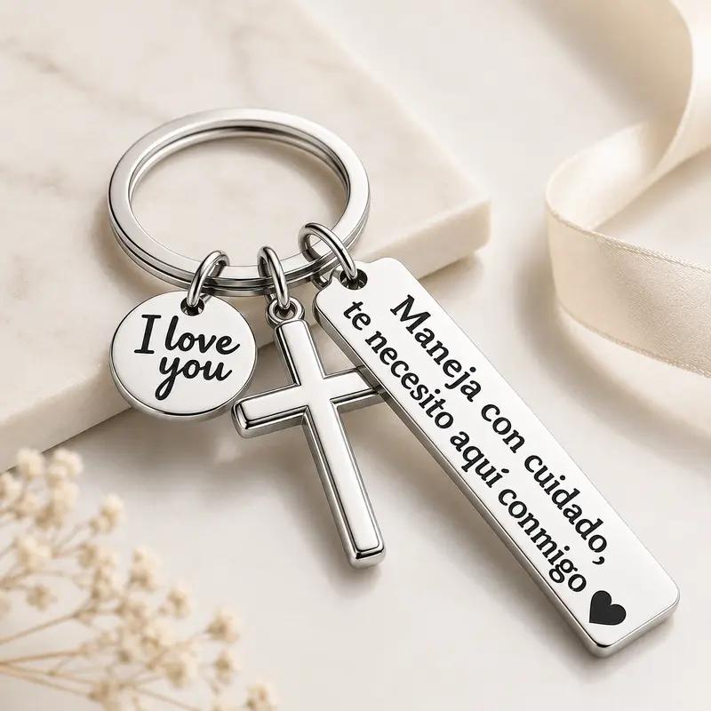 Minimalist Unisex Anti-Rust Stainless Steel Spanish Drive Safe Keychain Set - Spanish Engraving, Sentimental Text, Black Cross, "I Love You" Charm, Adjustable Heart Rate Bracelet, Rectangular Tag, Couple Gifts, EDC Automobile Gear, Daily Wear