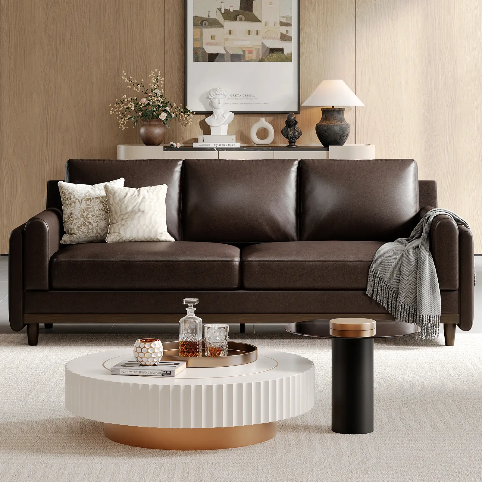 Copiae 87" Waterproof Faux Leather, Modern 3-Seater Couch with Deep Seat, Solid Wood Legs, Upholstered Sofa for Living Room Office Apartment,dorm essentials,home decor
