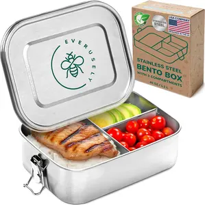 EVERUSELY Stainless Steel Bento Box 40 oz 1.2 L 3 Compartment Leakproof Lunch Container with Removable Silicone Seal & Secure Lock Clips Non Plastic Dishwasher Safe