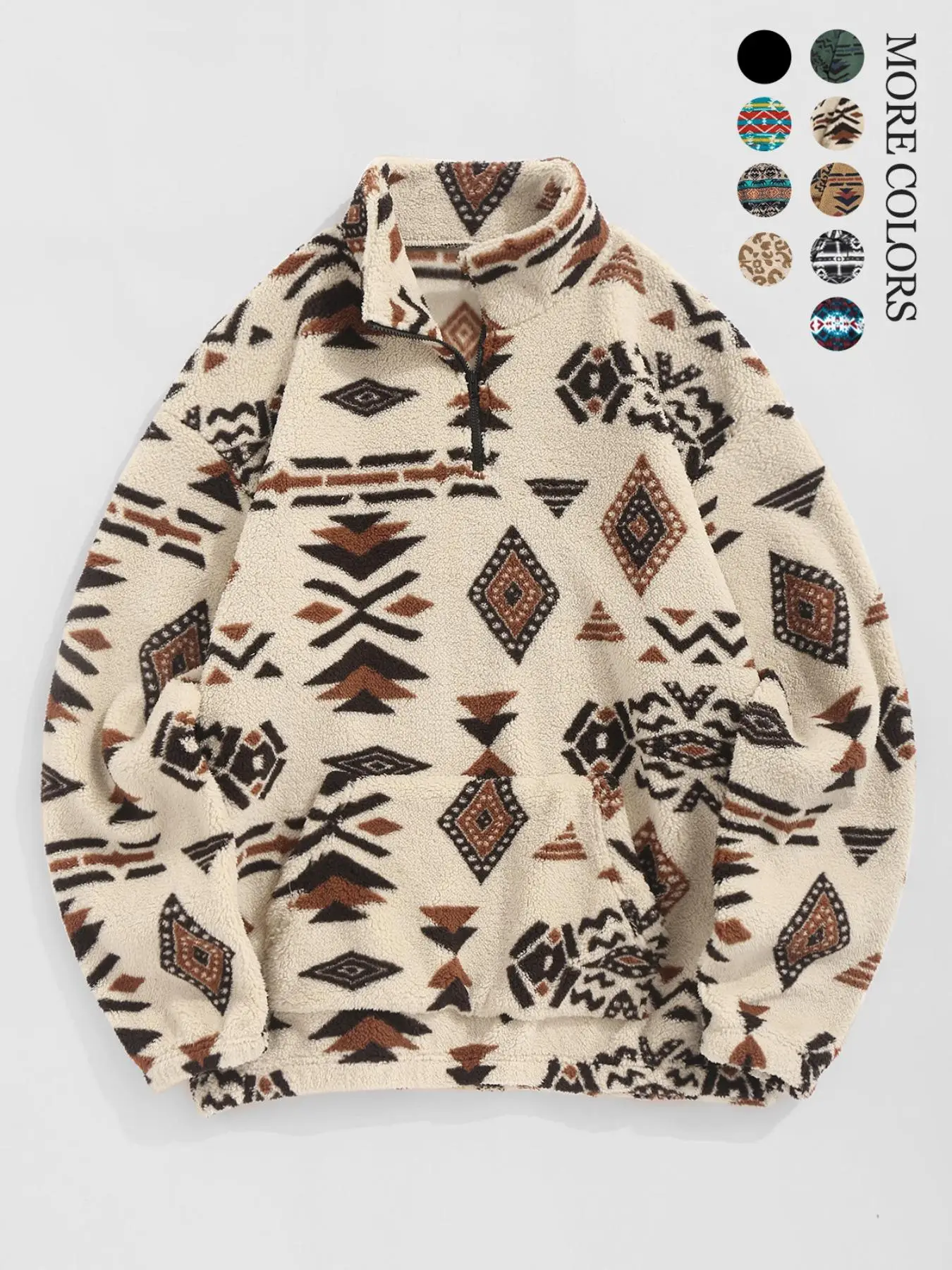 Men's Ethnic Pattern Drop Shoulder Zipper Sweatshirt, Regular Fit Casual Comfy Long Sleeve Stand Collar Pullover for Fall & Winter, Men's Clothes