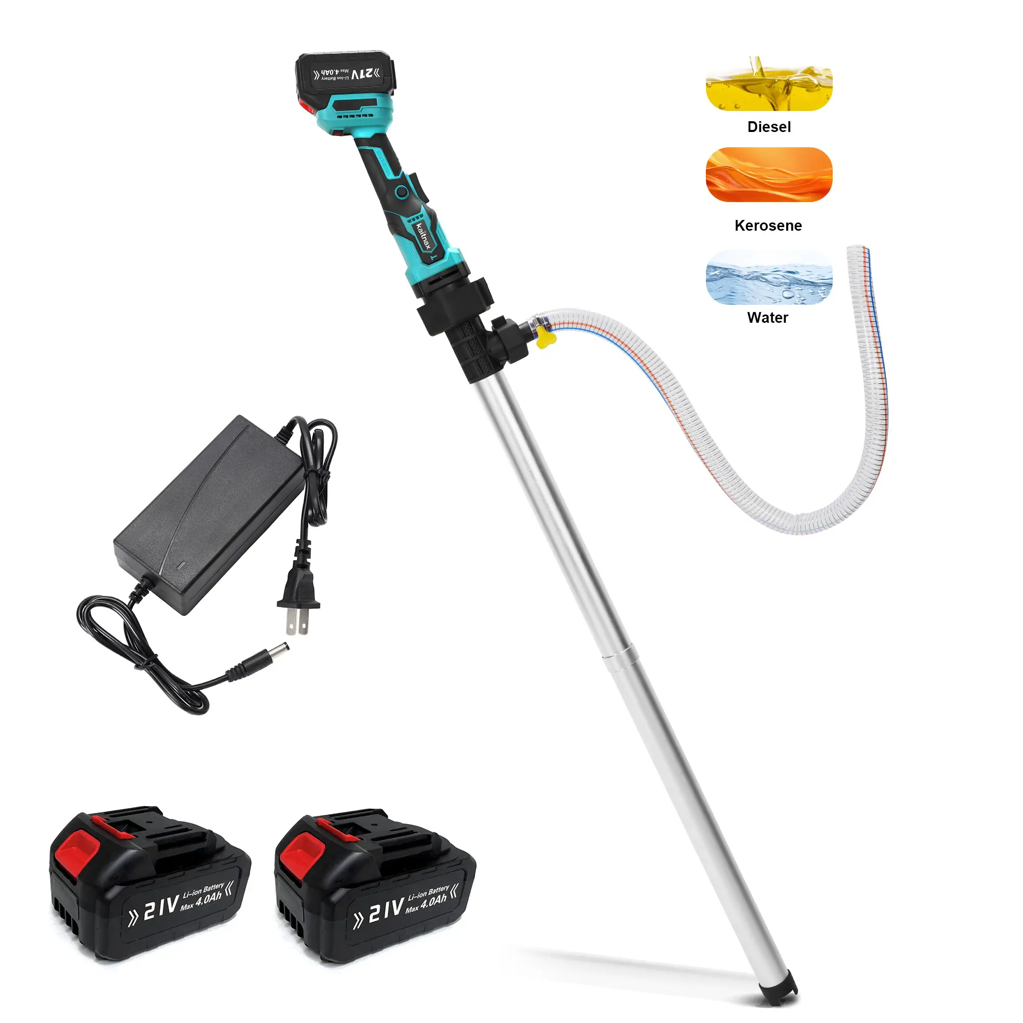Kaitnax Cordless Stick Water Transfer Pump, with 4000mAh 21V Battery & Charger, 720GPH, 32FT Head, Handheld Portable Utility Sump Pump Kit with 3/4" O