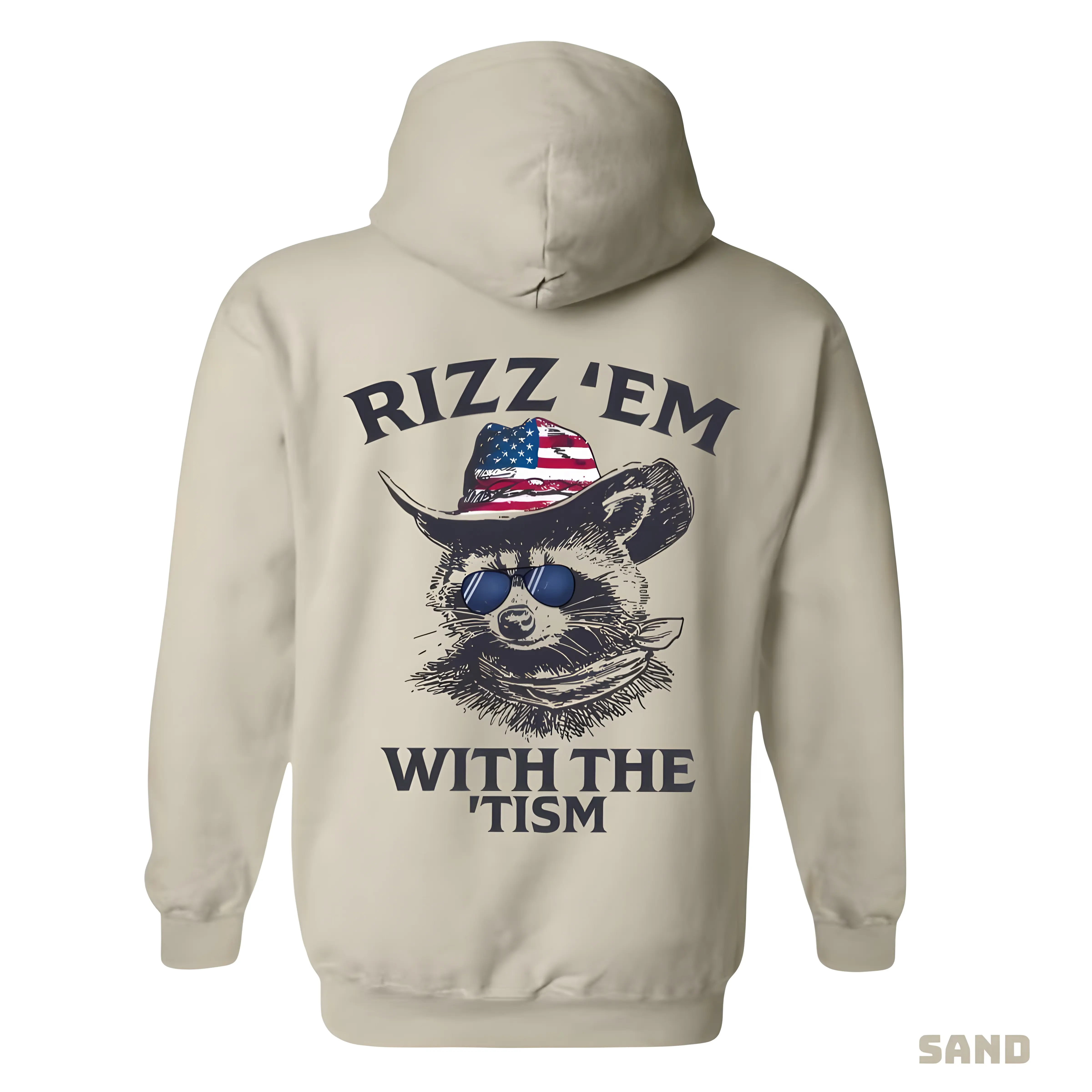 Rizz 'Em With The 'Tism Hoodie - Featuring a raccoon wearing an American cowboy hat and sunglasses, bringing a fun and unique style, perfect for outdoor parties and casual events, providing comfort and style