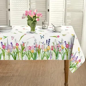 1 Polyester Lavender Tulip Tablecloth - Butterfly and Colorful Floral Design, Pink, Purple and Yellow Seasonal Stain-Resistant and Wrinkle-Resistant Polyester Tablecloth for Home Kitchen, Dining Room, Party, Picnic and Thanksgiving Decoration