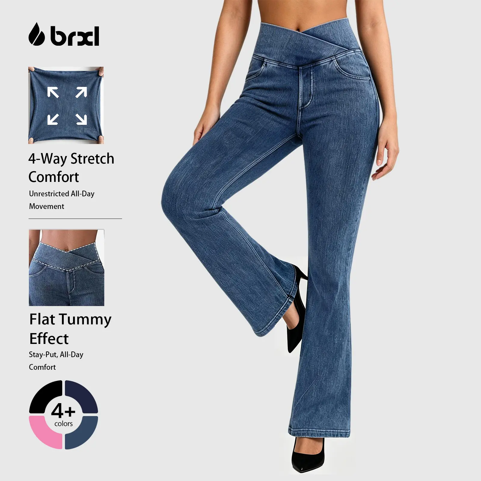 BRXL Women's High Waist Stretchy Crossover Denim Pants  Flare Bootcut with Pockets, Trendy Flattering Outdoor Streetwear for Summer #sohochi #backtoschool, Jeans
