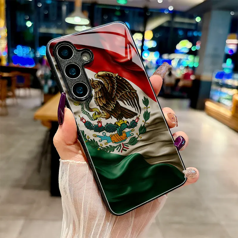 Mexican Flag Eagle & Snake Tempered Glass Smartphone Case - Shockproof Mirror Smooth Silicone Casing for Samsung S26,S25,S24,S23,S22 Pro,S21,S20 FE,Plus,Ultra,A56-A03s,High-End Gift for Handheld Devices Users, Accessories, Protector
