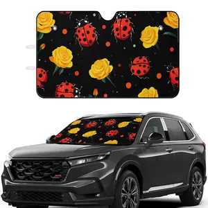 Car Windshield Sun Shade Black with Ladybug and Yellow Rose Pattern | Aluminum Material, Universally Applicable for Car Interior Protection