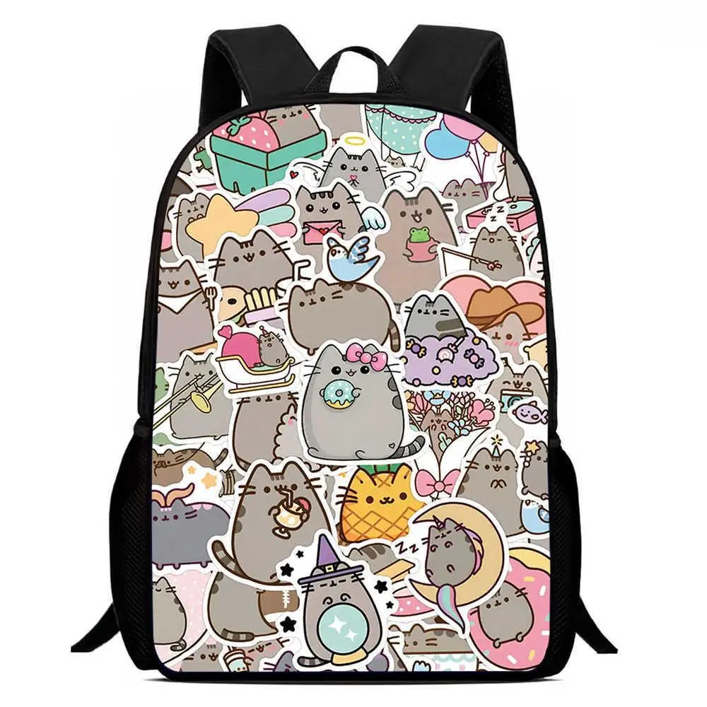 Cute Pusheen Cat Sticker Print Backpack, Large Capacity Student School Bag, Lightweight Casual Travel Daypack For Teen Girls
