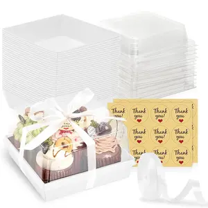 20 Pack Large Cake Boxes with Clear Lids, Disposable Paper Charcuterie Bakery Dessert Box, Square Food Take Out Containers for 4-6 Inch Bundt Cake Cupcake Pie Fruit Tart Snack