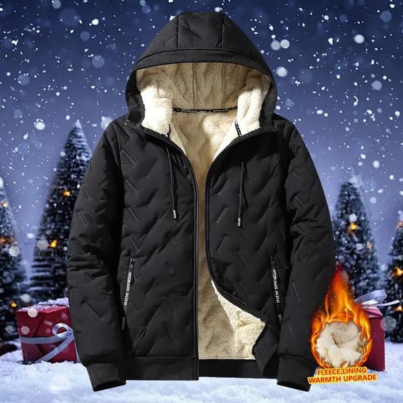 Men's Fall/Winter Hooded Wool-Cotton Jacket - Warm, fluffy, full-zip jacket with soft polyester lining, zip pockets, suitable for cold weather - Machine washable, regular fit. Men's Outerwear, Men's Jackets, Fashion Tops