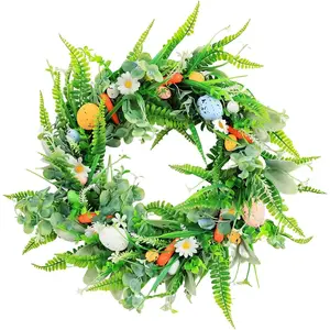 Easter Wreath for Front Door, 18 inch Spring Easter Wreaths with Colorful Flowers, Green Leaves and Decorative Eggs, Spring Door Wreaths for Home Easter Decorations