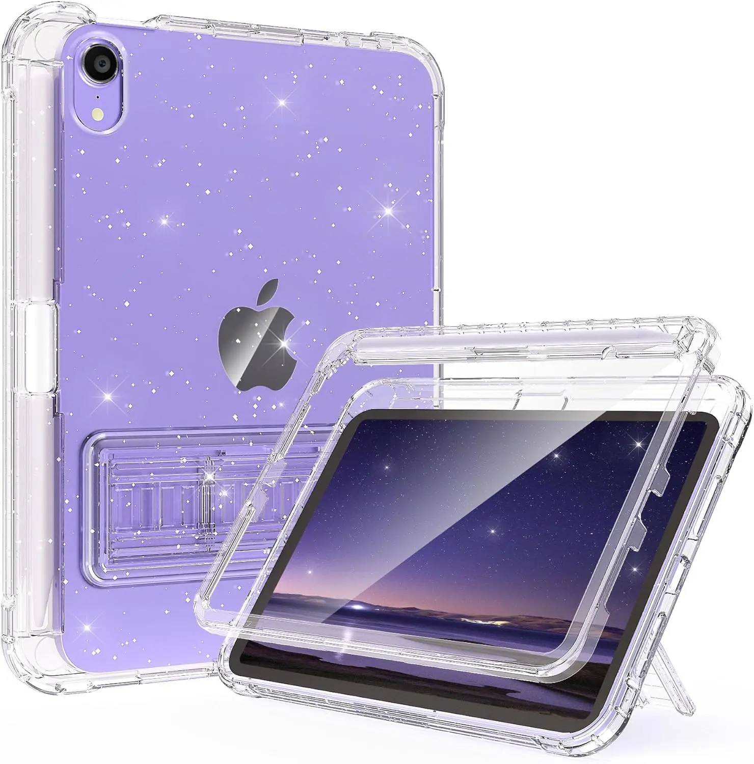 Case for iPad mini 6 2021, iPad mini 7 (A17 Pro) 2024 Case with Pencil Holder and Kickstand for Women Girl , Slim Shockproof Clear Transparent Cover for iPad mini 8.3 inch (Clear+Glitter)
