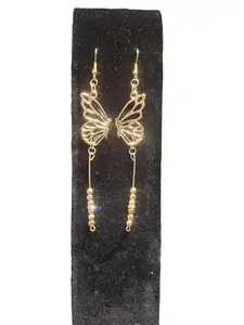 Handmade Gold Tone Dangle Butterfly Earrings with Bead Detailing on Hooks