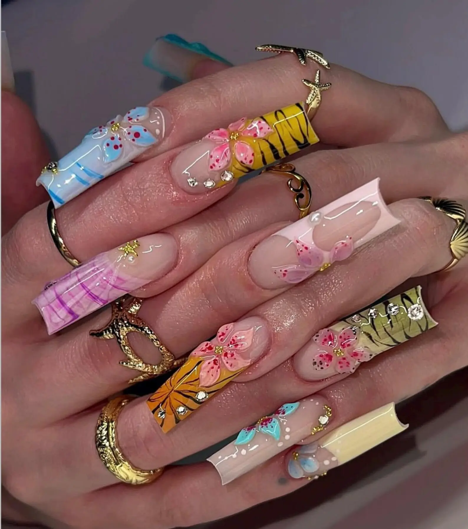 Handmade Y2K French Tip Press On Nails: 3D Flowers, Zebra Print, Summer Colors