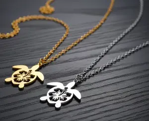 Turtle with Hibiscus Cutout Pendant Necklace