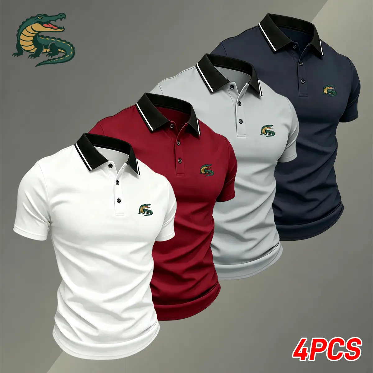 4-pack men’s solid-color summer polo shirt with a collar, breathable quick-dry casual golf shirt, lightweight and stretchy, suitable for summer office wear, featuring an alligator print, comfortable fit short-sleeve top