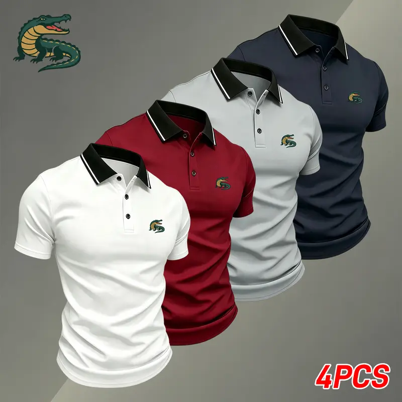 4-pack men’s solid-color summer polo shirt with a collar, breathable quick-dry casual golf shirt, lightweight and stretchy, suitable for summer office wear, featuring an alligator print, comfortable fit short-sleeve top