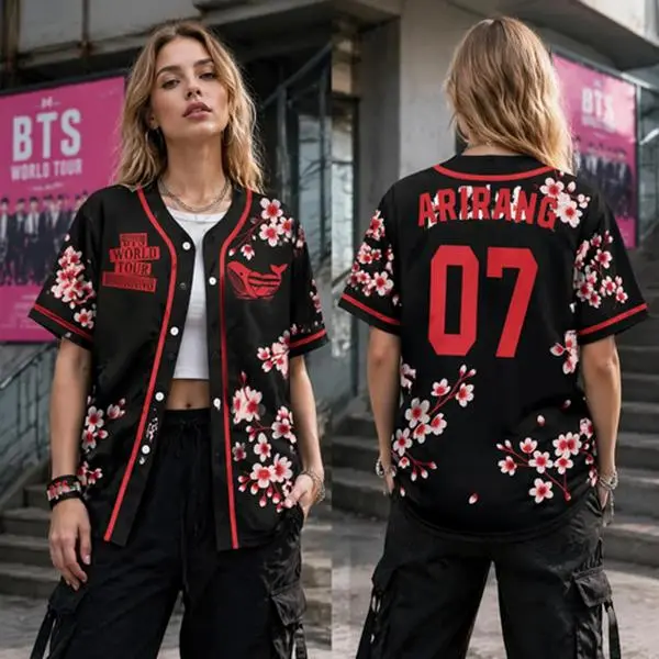 Arirang 07 Cherry Blossom Baseball Jersey, Black White Two Tone Sakura Button Up Jersey, Unisex Oversized ARMY World Tour Concert Baseball Jersey