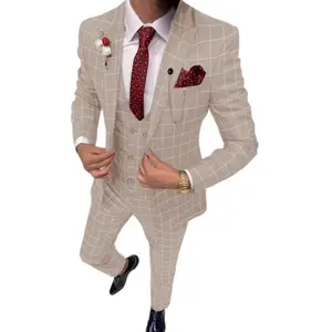 slim suit Men's Plaid Suit Three-piece Set Business Suit Slim Formal Dress Groomsman Wedding Dress
