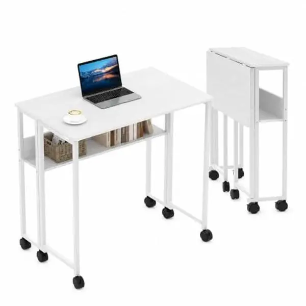 Gaomon 31.5 in Rectangular Folding Rolling Computer Desk - Steel Frame, Roller Base with Locking Casters, Tool-Free Setup, Storage Shelf, Modern Indoor Furniture