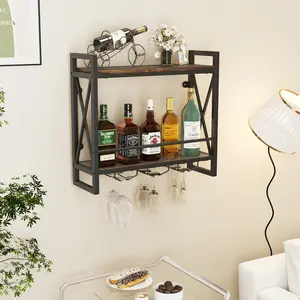 COSTWAY - Wall Mounted Wine Rack with 2-Tier Shelves and 3 Glass Holders