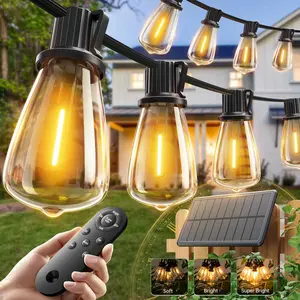 52(48+4) FT Solar String Lights Waterproof,Patio Lights Solar Powered with Remote & USB Port 16+1 LED Shatterproof Bulbs 3 Light Modes, Dimmable Solar Light for Camping Backyard Garden