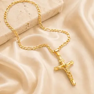 Men's Vintage 14K Gold-Plated Jesus Cross Pendant Necklace with Smooth Chain, Meaningful Cross Motif Gold-Toned Religious Jewelry for Easter, Graduation Gifting, Cross Motif Necklaces