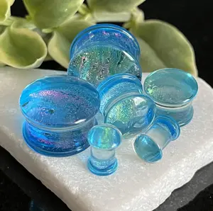 PAIR of Beautiful Light Blue Dichroic Glass Double Flare Plugs - Gauges 2g (6mm) through 3/4" (19mm)