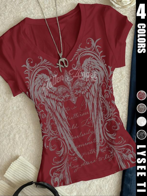 26 Valentine's Day wing print retro y2k trendy fashion women's V-neck short sleeved T-shirt