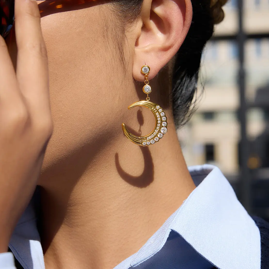 Emma's Heart | Lunar Motion - 18K Gold Plated Celestial Moon Earrings with White Zirconia