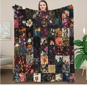 1pc Vibrant Floral Patchwork Quilt Blanket - Cozy Flannel Throw for Sofa, Bed, Office, Car, and Camping - All-Season Lightweight Polyester, Soft Digital Print, Lightweight Quilt