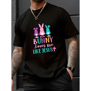 100% Cotton Unisex Happy Easter No Bunny Loves Me Like Jesus Men Women Funny T-Shirt - Men's Easter pattern T-shirt