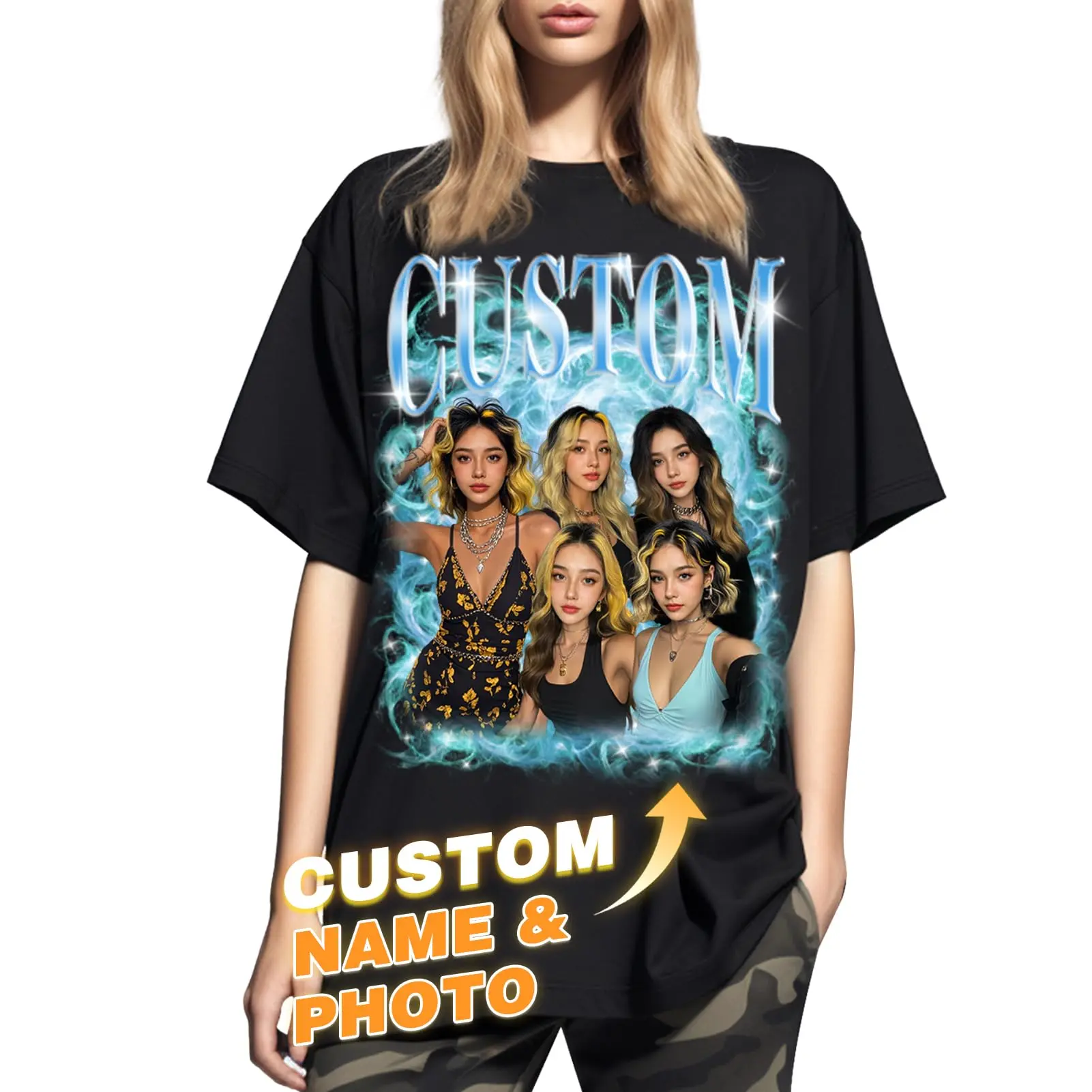 CARPESUN Personalized Retro Poster Style Photo Collage T-Shirt, Custom Name & Upload Image Graphic Tee, 100% Cotton Breathable Unisex Shirt, Custom Portrait Tee Gift for Best Friends