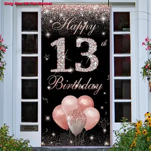 1pc 2D falt banner,13th Birthday Door Backdrop Banner Decorations Rose Gold, Happy 13th Birthday Decoration for Girls, Fabric 13 Year Birthday Party Yard Sign Poster, Teen Thirteenth Birthday Decor, Sturdy