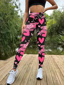 Ladies' black and pink heart-shaped interlocking printed pants high waisted yoga leggings - anti roll, elastic, cross printed, elastic, breathable, S-XL