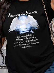 Casual Short-Sleeve Graphic T-Shirt Featuring Comforting Angel Wings, Perfect for Women. It Has a Crew Neck Design, Is Machine Washable, And Includes a 'Stairway to Heaven' Quote, Making It an Ideal Choice for Spring And Summer