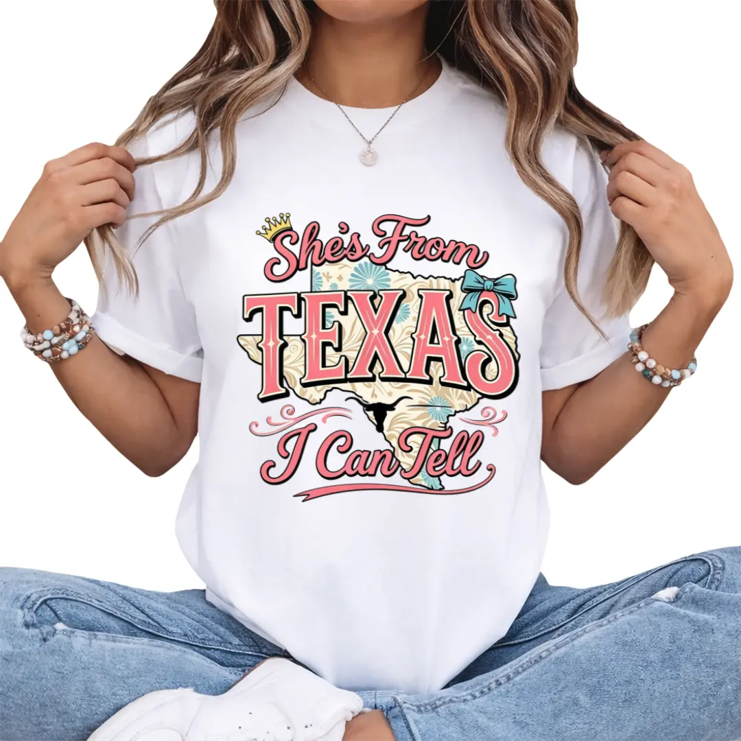 She's From Texas I Can Tell T-Shirt, Retro Texas Map Graphic Tee, Cute Southern Girl Shirt, Texas T-Shirts, Western Boho Aesthetic Shirt