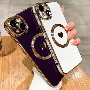 Luxury Magsafe Magnetic Plating Love Heart Phone Case For iPhone 11 12 13 14 15 16 Pro Max X XR XS Plus Wireless Charging Cover Protection Protective