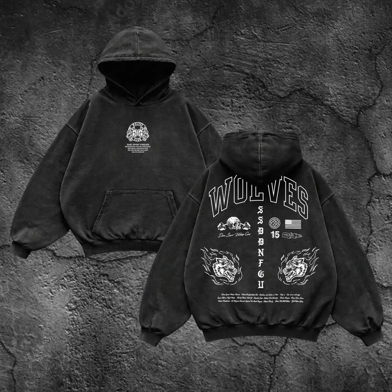 Wolves Gym Oversized Washed Hoodie, Gym Apparel, Workout Wear, Training Men's Top, Aesthetic Shirt, Discipline, Strength, Focus 0PV