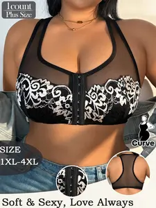 Plus Size No Underwire Front Closure Bra, Sexy Floral Lace Lingerie, Breathable Mesh Back Design, Perfect for Daily Wear