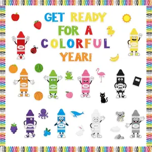 117Pcs Back to School Color Bulletin Board Set, Color Crayon Poster Cutouts Colorful Crayon Border Trim Classroom Decoration Toddler Preschool Learning Supplies for Chalkboard Wall Decor