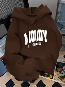 Women's Fashion Hoodie Moody Est 7amk Letter Print Kangaroo Pocket, Casual Long Sleeve Sweatshirt for Fall & Winter, Daily Wear